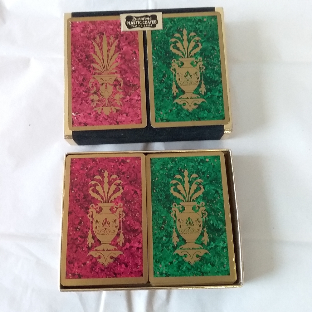 Duratone Vintage Plastic Coated Playing Cards 2 Decks Red Green Gold Edges